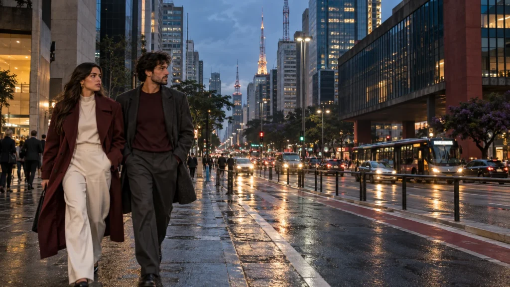 Avenida Paulista ao anoitecer com duas pessoas usando moda urbana