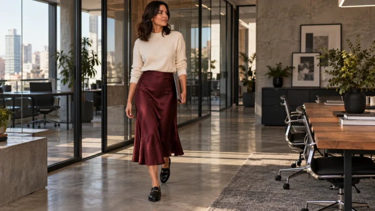 Mulher usando saia midi de cetim bordô, malha clara e mocassim no escritório