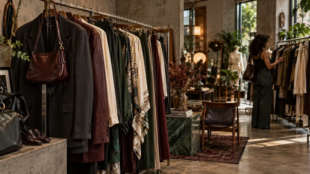 Arara de roupas vintage em brechó contemporâneo com cliente ao fundo