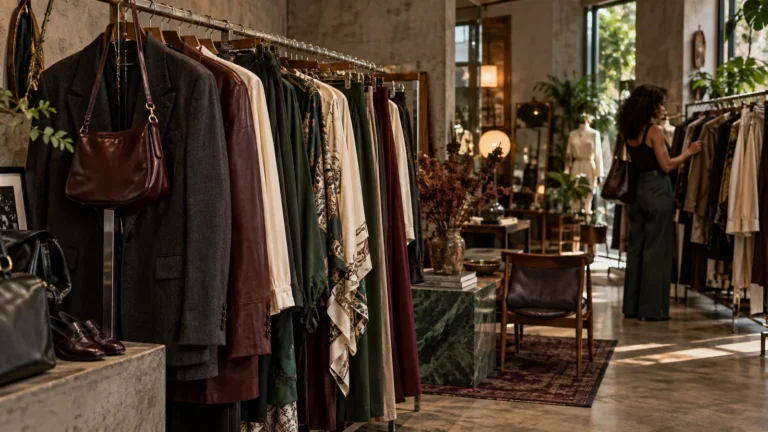 Arara de roupas vintage em brechó contemporâneo com cliente ao fundo