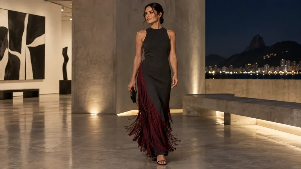 Mulher usando vestido escuro com franjas bordô em ambiente noturno