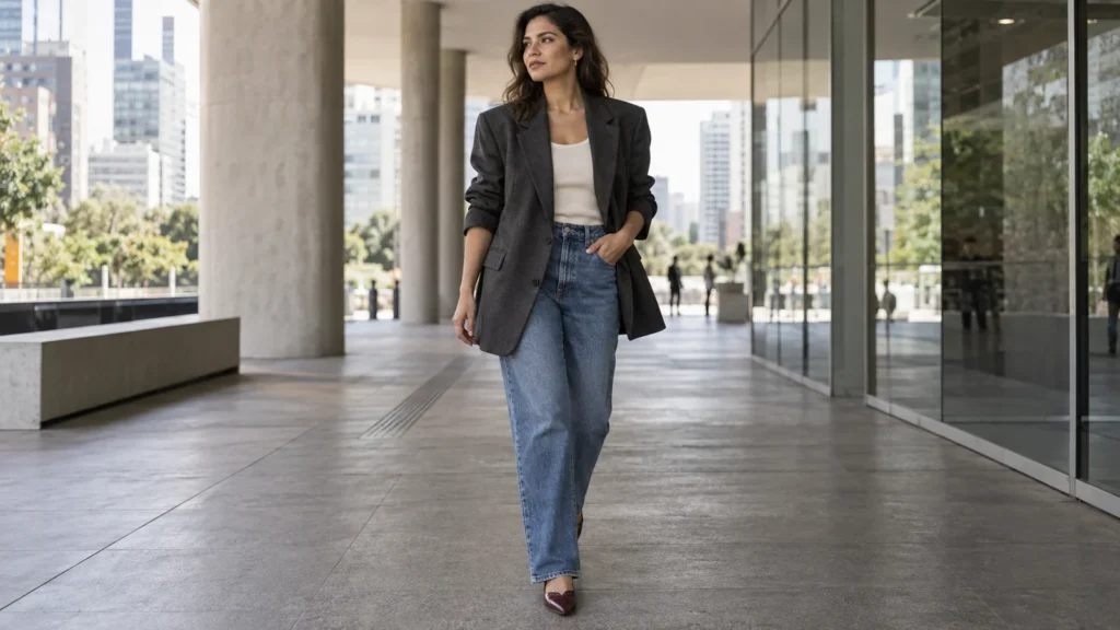 Mulher usando blazer oversized cinza com jeans em ambiente urbano