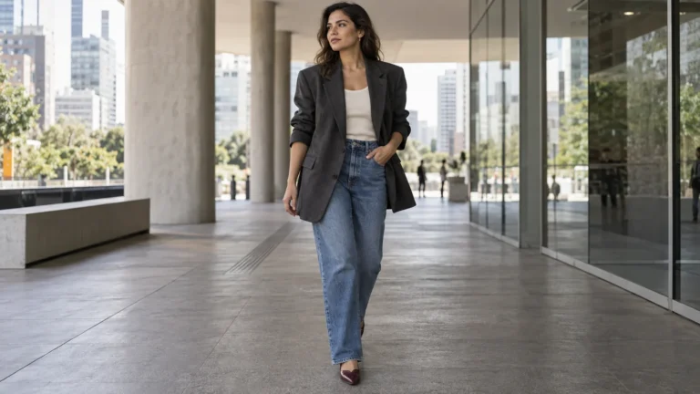 Mulher usando blazer oversized cinza com jeans em ambiente urbano