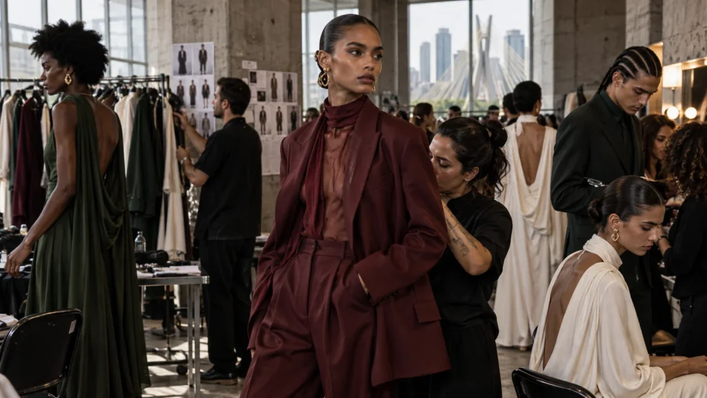 Modelos e equipe se preparando nos bastidores de um desfile de moda